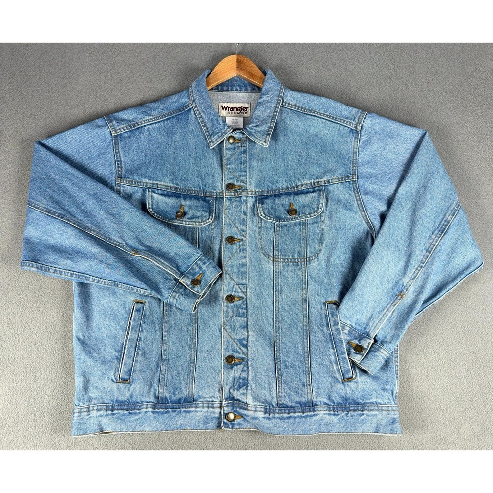 Wrangler Jacket Mens XL Blue Rugged Wear Trucker Distressed Denim Vintage Indigo